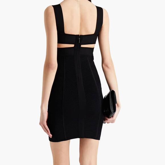 Herve Leger NWT Strappy Bra Mini Bodycon Dress Black Size L Cutout Ribbed Knit - Picture 2 of 14